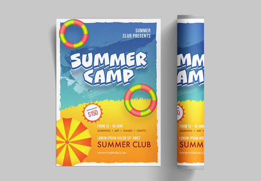 Summer Camp Brochure Or Template Layout In Blue And Yellow Brush Stroke.