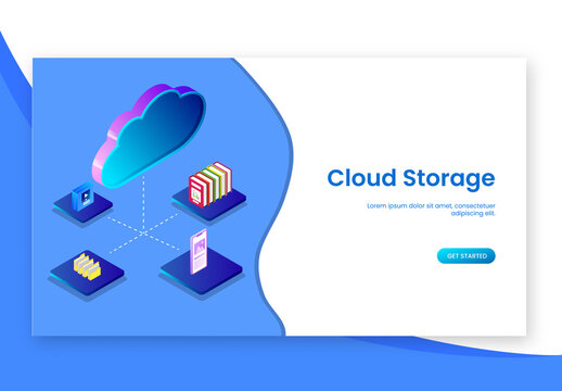 3D Cloud Server Connected with Smartphone, File Folder, Books and Video Player for Cloud Storage Concept Based Landing Page.