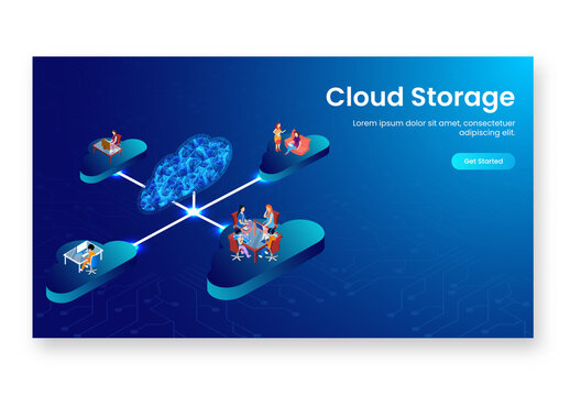 Business People Working at Different Platform, Digital Devices Connected Polygonal Cloud Server for Cloud Storage Concept Based Landing Page.