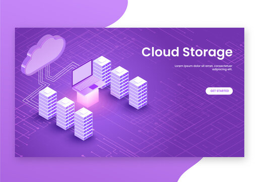 Cloud Storage Concept Based Landing Page in Purple Color with 3D Cloud Server Connected Local Servers and Laptop.