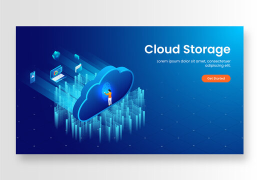 Cloud Storage Concept Based Landing Page, Businessman Unlock Password Through Fingerprint Scanner in 3D Cloud with Essential Equipment.