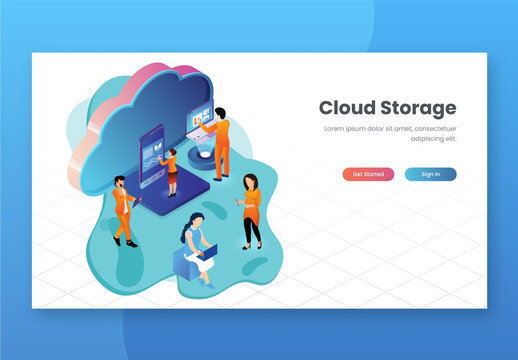 Cloud Storage Concept Based Landing Page with Analysts Analysis the Data in Digital Devices and 3D Cloud Server.