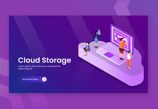 Cloud Storage Concept Based Landing Page Design, Business People Maintain Data from Digital Devices at 3D Cloud Platform.