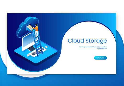 Cloud Storage Concept Based Landing Page with Businessman Maintains Cloud Data Server Connected Desktop in Isometric Style.