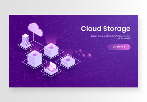 Cloud Storage Concept Based Landing Page, 3D Cloud Server Connected Local Servers With Laptop On Purple Circuit Board Background.