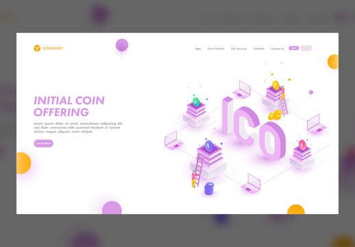 Landing Page Or Hero Image With 3D ICO (Initial Coin Offering) Text And Analysts Maintaining Crypto Servers Connected Laptops.