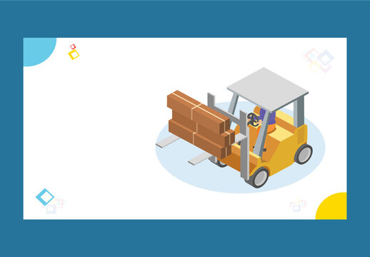 Landing Page Or Web Template Design With Isometric View Of Forklift Loading Freight.