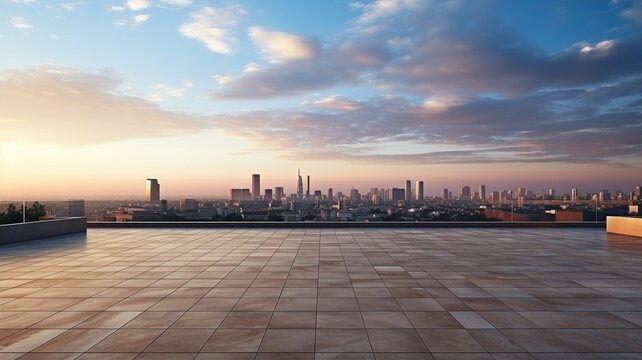 Panoramic picture of the city from the building's roof, showing just the empty floors..