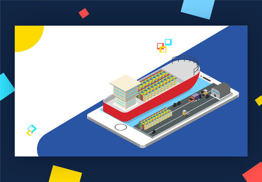 White And Blue Landing Page Design With Isometric Cargo Ship And Delivery Truck At Smartphone Screen.