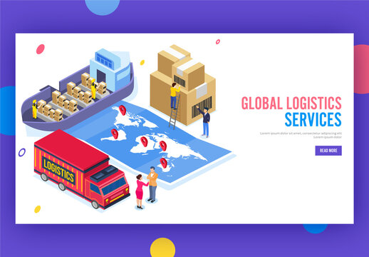 Global Logistics Services Based Landing Page Design, Cargo Ship with Truck and Map Navigation.