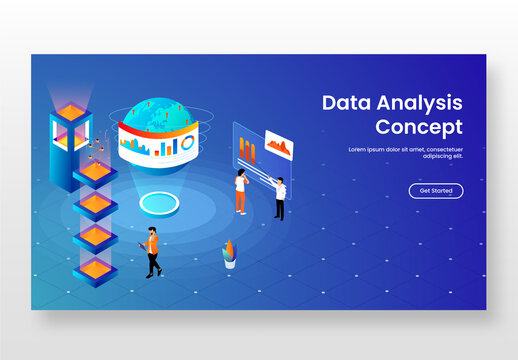 Landing Page Design, Business People Maintain Infographic Website With Global Networking And Server Layer For Data Analysis Concept.