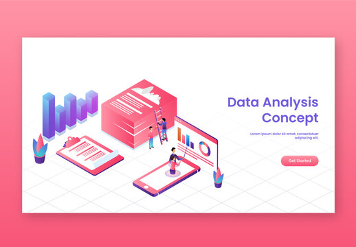 Landing Page Design With Business People Or Analysts Analysis the Data And Info-graphic Paper For Data Analysis Concept Based Isometric Design.
