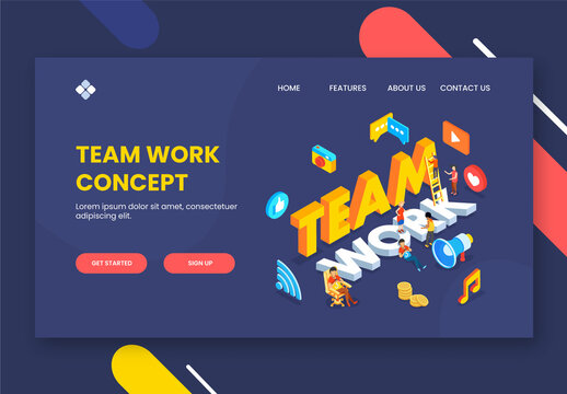 Landing Page Design, 3D Team Work Text With Social Media App And People Working on Blue Background.