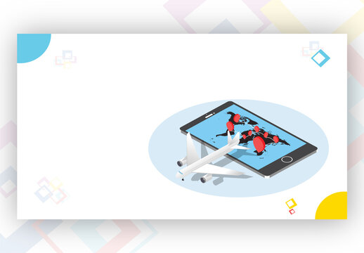 Web Banner Or Landing Page Deign, Isometric Airplane With Map Navigation App in Smartphone Screen.