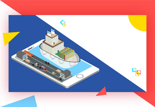 Web Banner or Landing Page Design With Isometric Cargo Ship And Transport Street At Smartphone Screen.