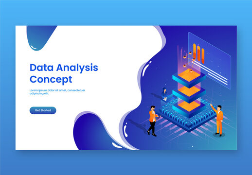 Web Landing Page Design With Isometric Illustration OF Business People And Big Data Server For Data Analysis Concept.