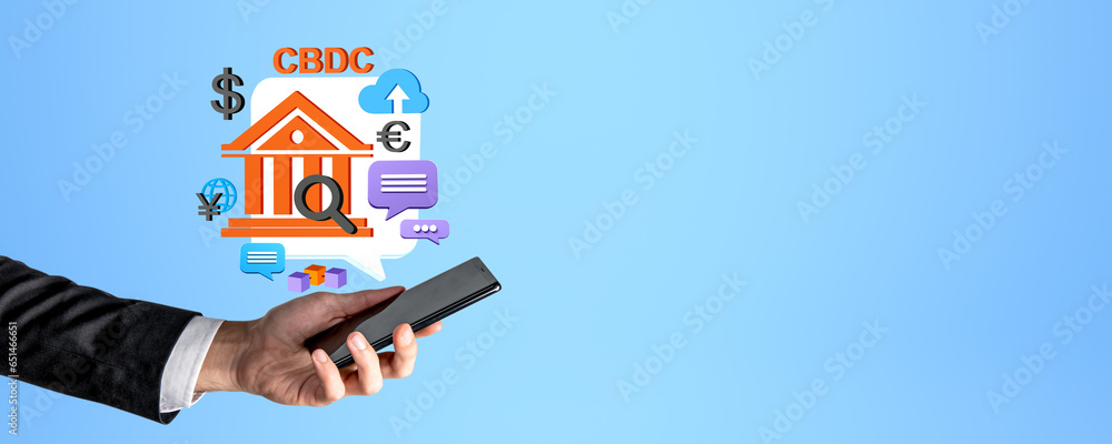 Poster man hand with smartphone and cbdc icons