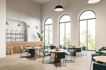 Elegant restaurant interior with seats and table, counter near panoramic window
