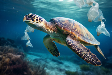 Sea Turtles can eat plastic bags mistaking them for jellyfish.Environmental issue of plastic pollution problem.generative ai