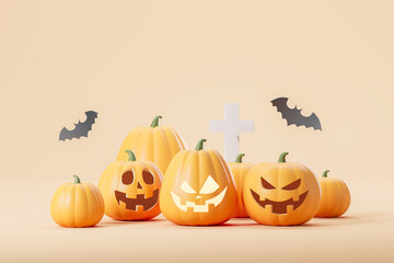 Scary pumpkin with bats and grave cross on beige background