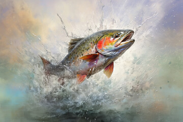 Fototapeta premium Fishing rainbow trout fish splashing in the water of a forest lake.generative ai