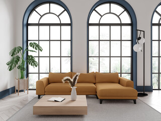 White living room interior with sofa and windows