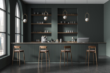 Dark modern bar interior with counter and cash desk, stool and window - obrazy, fototapety, plakaty