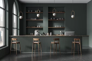 Foto op Plexiglas Dark modern bar interior with counter and cash desk, stool and window © ImageFlow