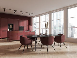 White and red kitchen corner with island and table