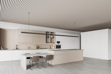 Fototapeta na wymiar Stylish kitchen interior with bar island and chairs, cabinet with kitchenware