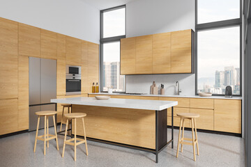 White and wooden kitchen corner with island and stools