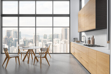 Modern home kitchen interior with eating table and shelves, panoramic window