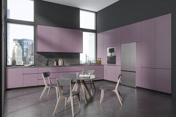 Gray and purple kitchen corner with dining table