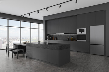 Grey hotel kitchen interior with bar counter and chairs, cabinet and window