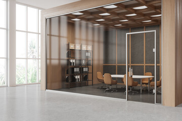 Stylish meeting room interior with table and armchairs, shelf and window