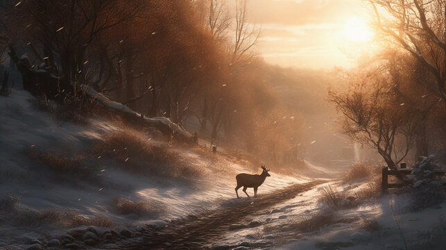 Winterliche Waldkurve mit Sonne und Hirsch