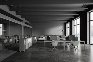 Grey office interior with workspace and conference room, panoramic window