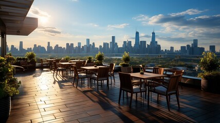 With tables and seats overlooking the cityscape and surrounding skylines, a restaurant's roof terrace. .
