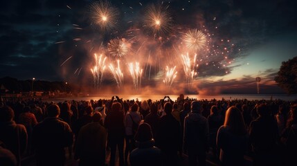 Fototapeta na wymiar Crowd of people watching fireworks, AI generated Image