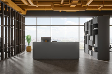 Gray and yellow office interior with reception