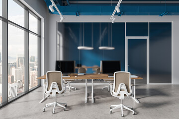 White and blue open space office interior