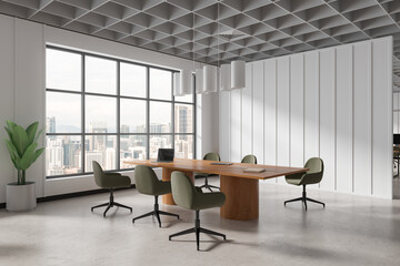 Stylish business room interior with meeting table and seats, panoramic window