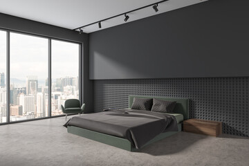 Grey hotel bedroom interior with bed and armchair, window. Mock up wall