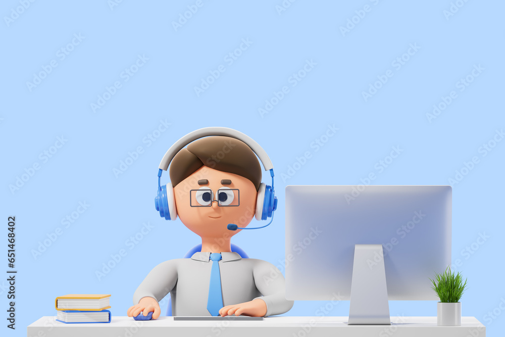 Poster cartoon man with pc computer, working in call center on empty background