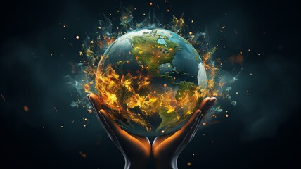 Concept of saving the earth with several hands holding a globe of the planet over their heads..