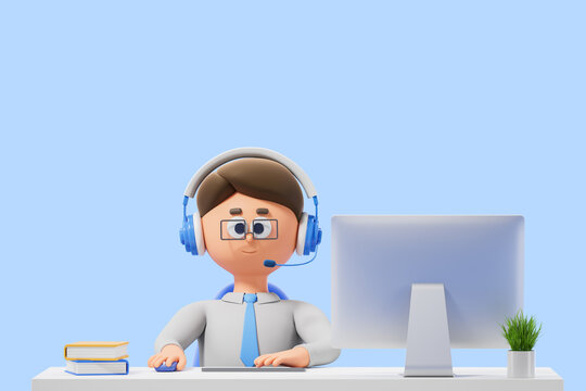 Cartoon man with pc computer, working in call center on empty background