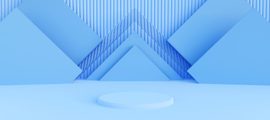 Blue podium with decorative objects. Stand to show products with copy space. Pedestal display in futuristic scene. Banner size. Website cover template. 3D rendering.