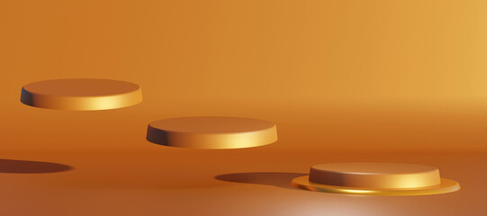 Luxury bronze podium with decorative objects. Stand to show products. Stage showcase with copy space. Gold Pedestal display. Banner size. Website cover template. 3D rendering.