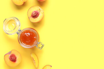 Composition with jar of sweet peach jam and fresh fruits on yellow background