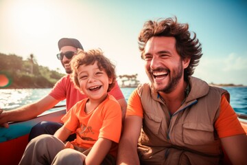 Fototapeta premium an image of happy two men and their son riiding a boat and smiling